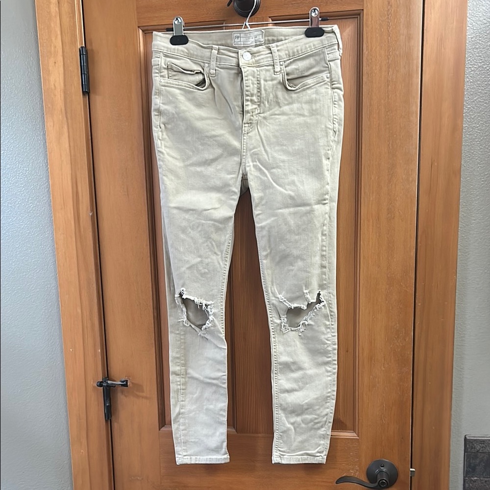 Free People Tan Skinny Jeans with Distressed Knees